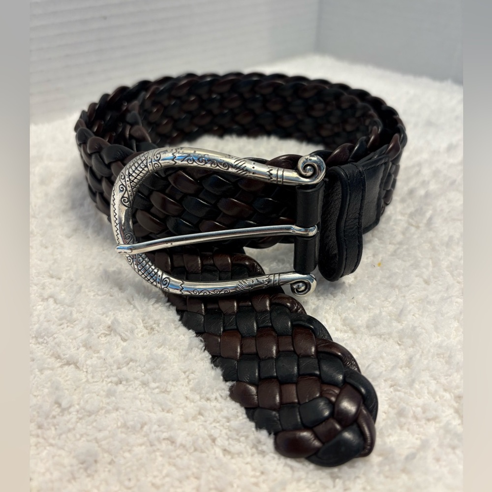 Brighton Braided Black/Brown Genuine Leather,
Silver Buckle, Women’s Size 32